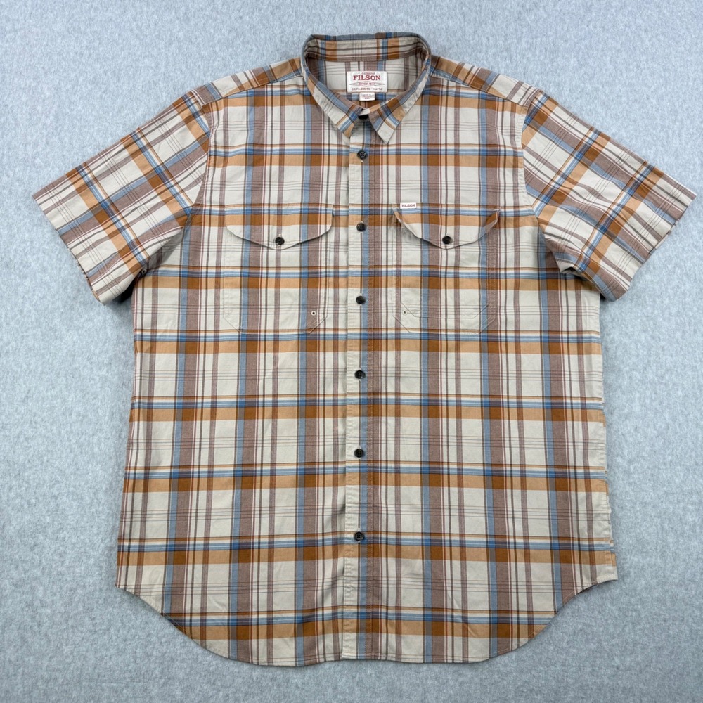 Filson Shirt Mens 2XL Brown Plaid Button Up Short Sleeve Outdoor Cotton Blend